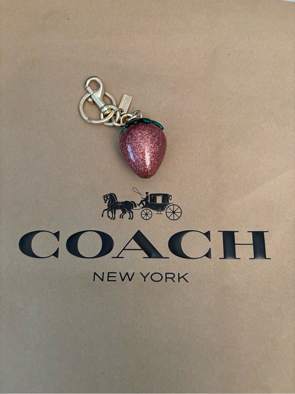 Coach Glitter Strawberry Bag Charm - Rose Pink with Green Leaf